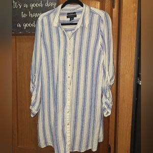 Tahari 100% Linen Blue and White Striped Button-Up Shirt Dress In A 1X.